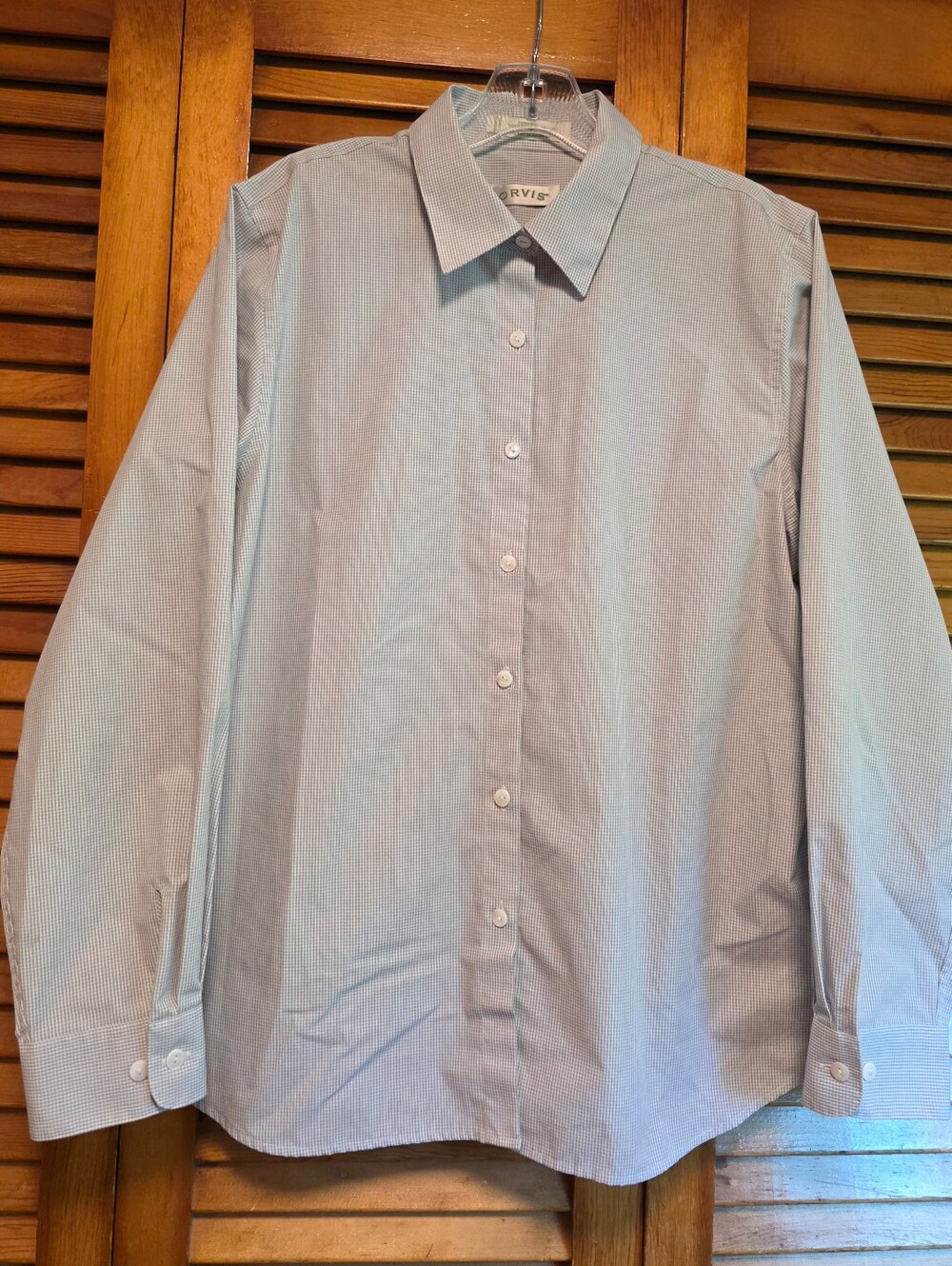 Orvis Carefree Micro Gingham Button Down Shirt Womens 14 Blue/White Long Sleeve